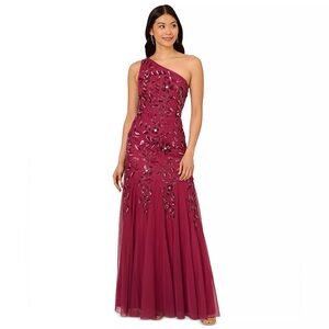 Adrianna Papell One-Shoulder Beaded Tulle Gown in Berry Plum